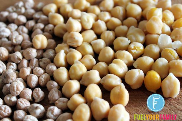 From left to right: dried, soaked and cooked chickpeas